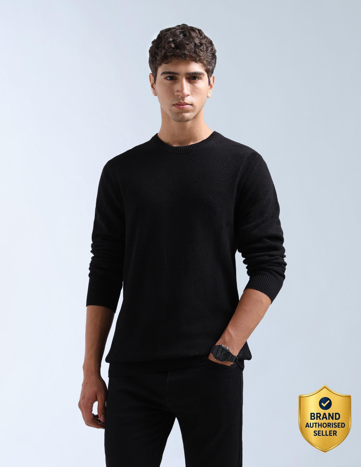 Image of FLYING MACHINE Men Self Design Crew Neck Black Sweater