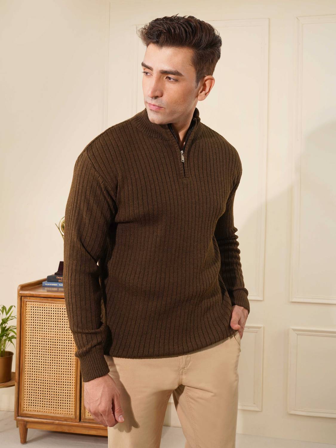 KVETOO Men Brown Solid Collared Neck Sweater - Image 3