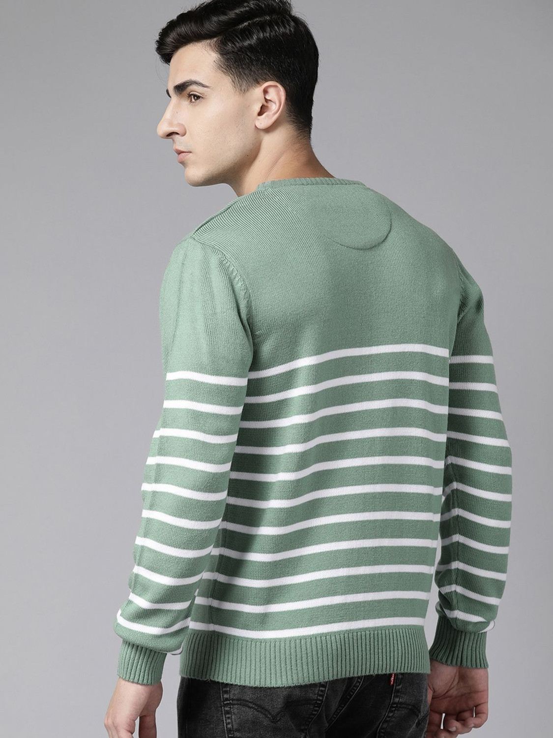 Image of Roadster Men Striped Round Neck Green Sweater