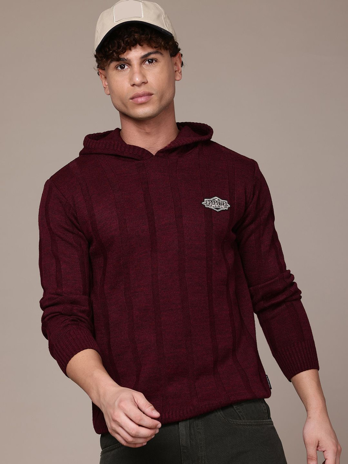 Image of Roadster Printed Hooded Neck Casual Men Maroon Sweater