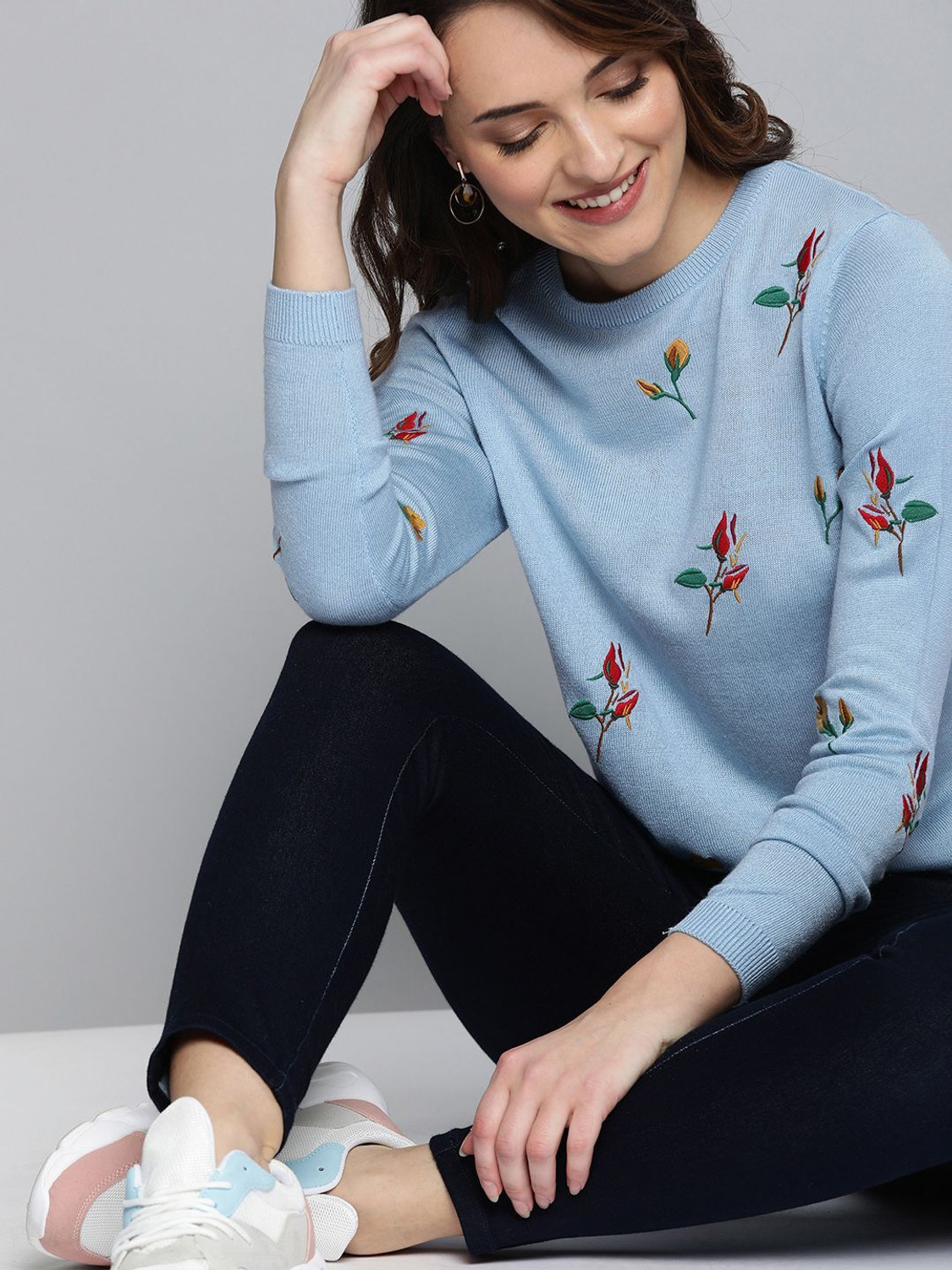 Image of Mast & Harbour Embroidered Round Neck Casual Women Blue Sweater