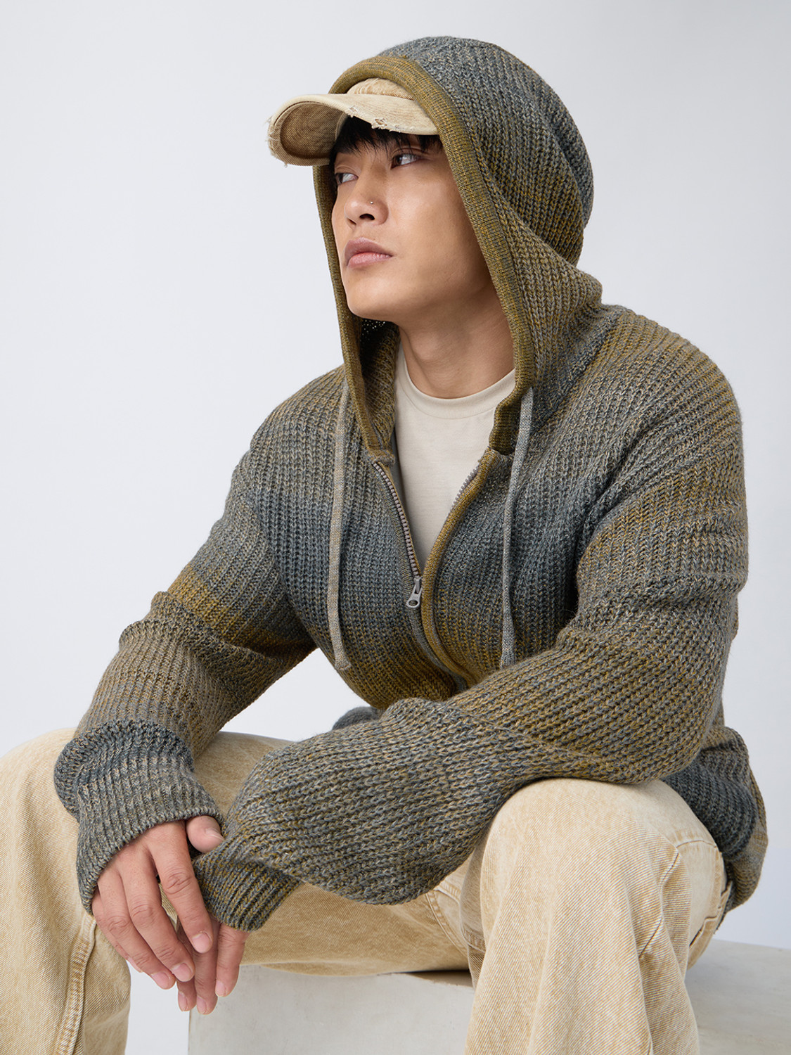 Image of The Souled Store Self Design Hooded Neck Casual Men Grey Sweater