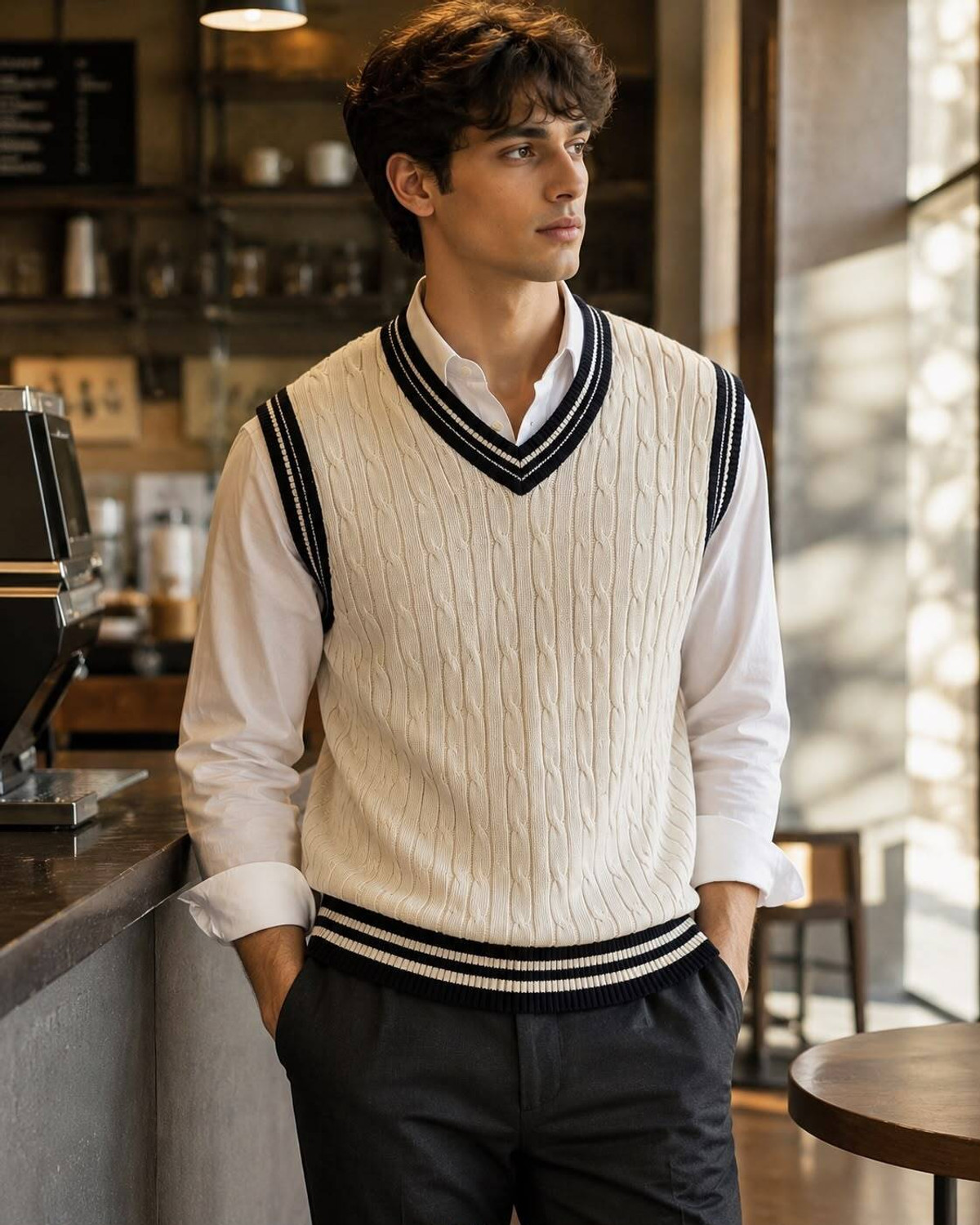 Image of KaramKar Self Design V Neck Casual Men Beige Sweater