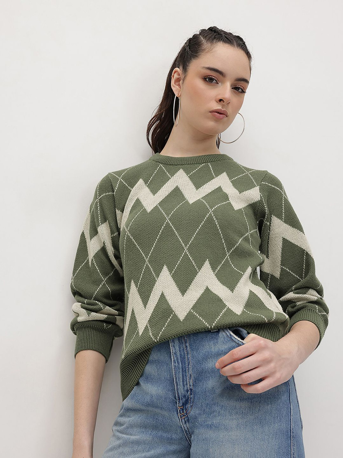 Image of Roadster Self Design Round Neck Casual Women Green Sweater