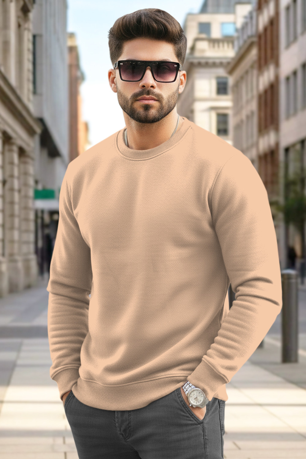 Image of TRIPR Solid Round Neck Casual Men Beige Sweater