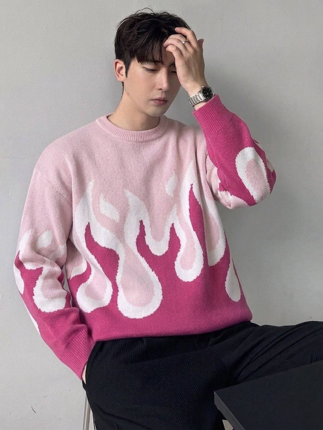 Eddicted Men Pink Printed Round Neck Sweater - Image 1