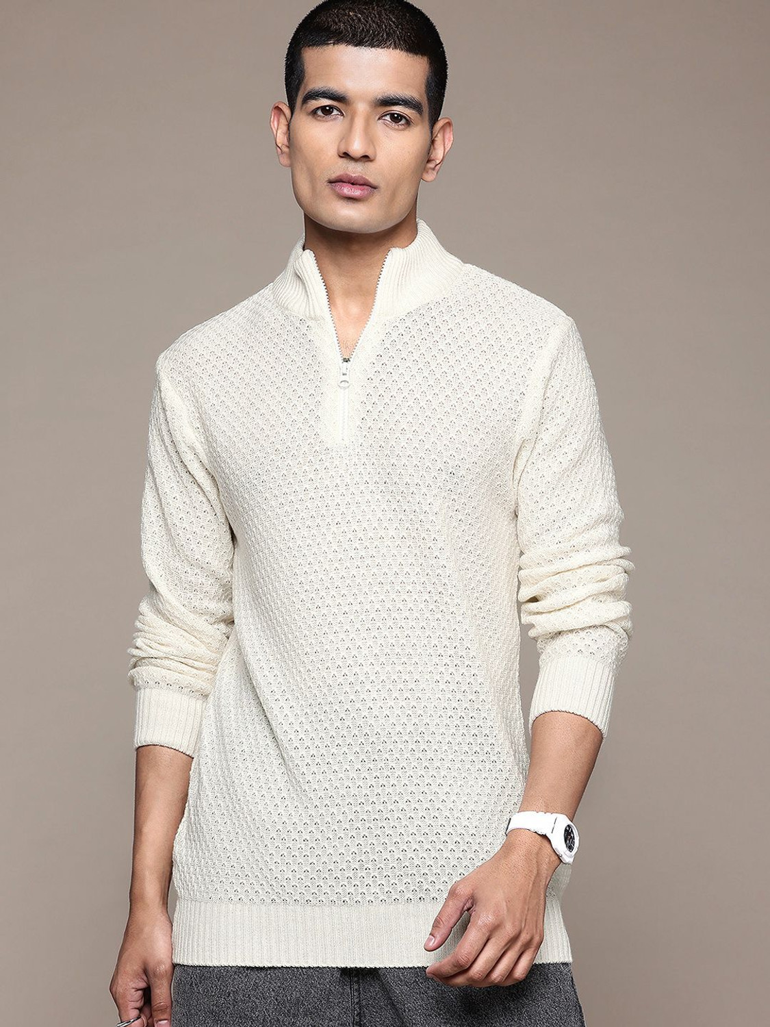 Image of Roadster Self Design High Neck Casual Men White Sweater