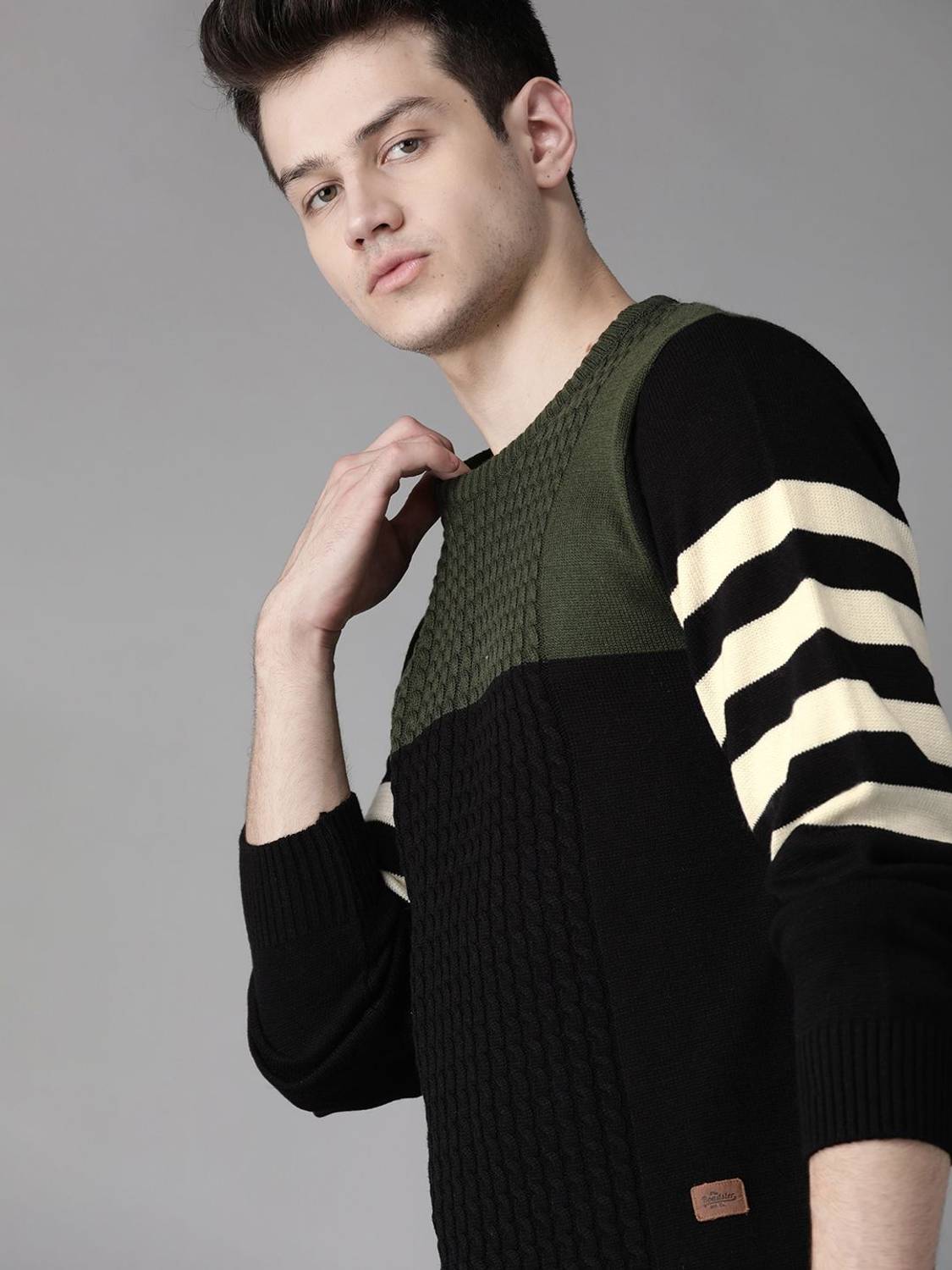 Roadster Colorblock Round Neck Casual Men Green Sweater