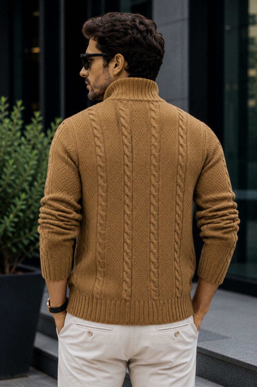 Image of FASHLOOK Self Design Collared Neck Casual Men Beige Sweater