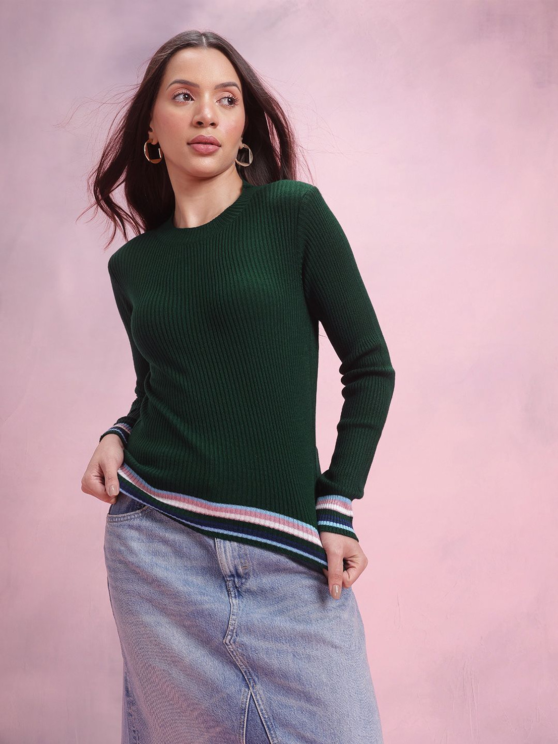 Image of Dressberry Polka Print Round Neck Casual Women Green Sweater