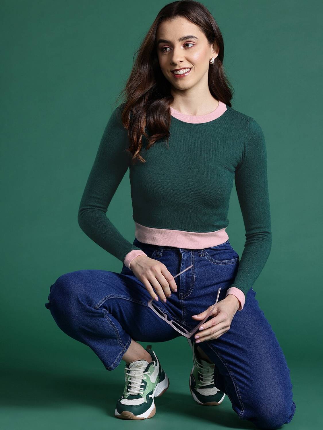 19668brand Solid Round Neck Casual Women Green Sweater