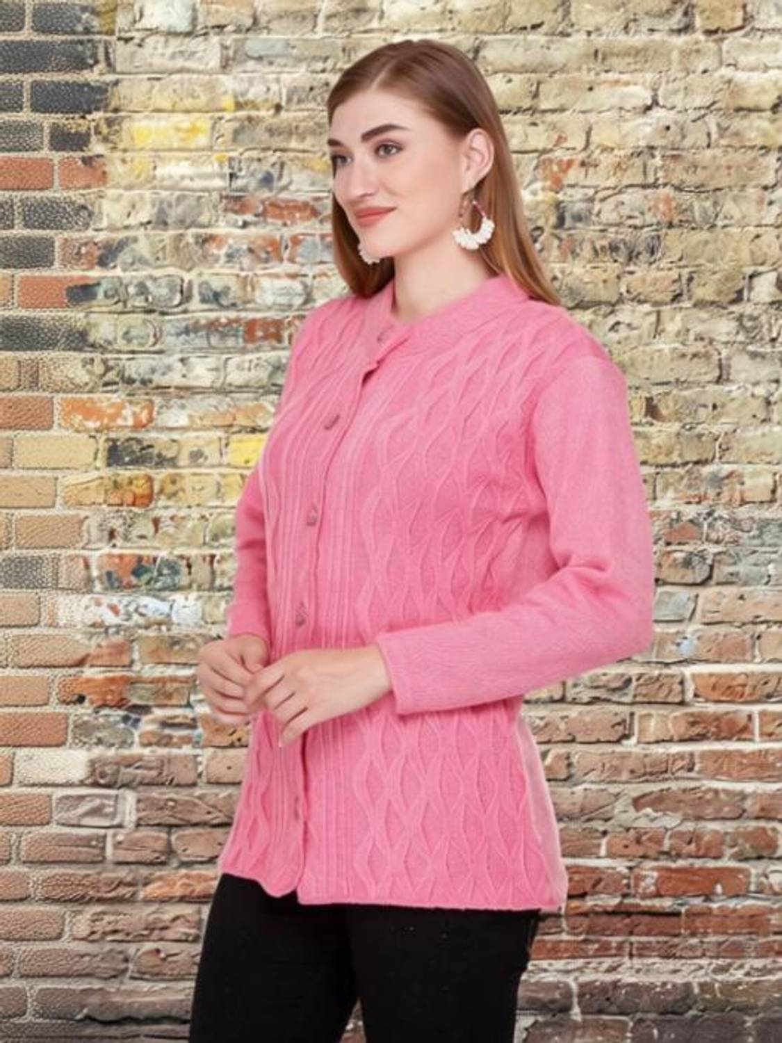 Biwu Self Design Round Neck Casual Women Pink Sweater