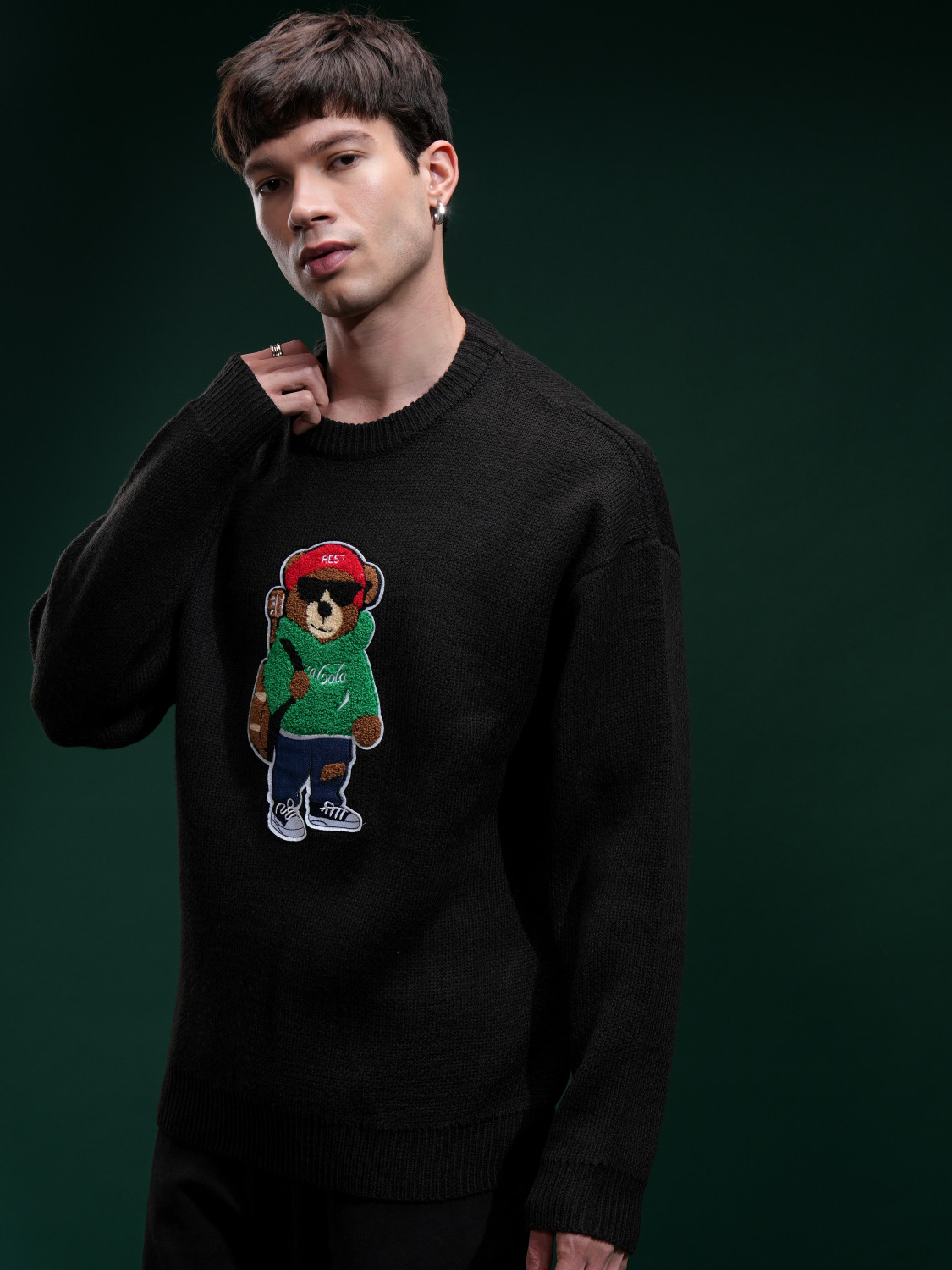Image of HIGHLANDER Self Design Round Neck Casual Men Black Sweater
