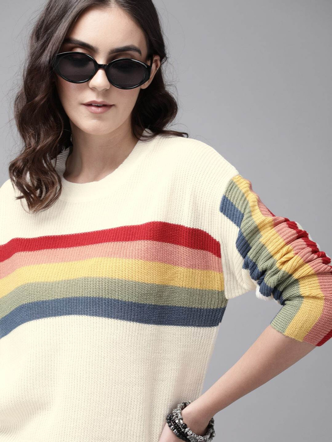 Roadster Striped Round Neck Casual Women White Sweater