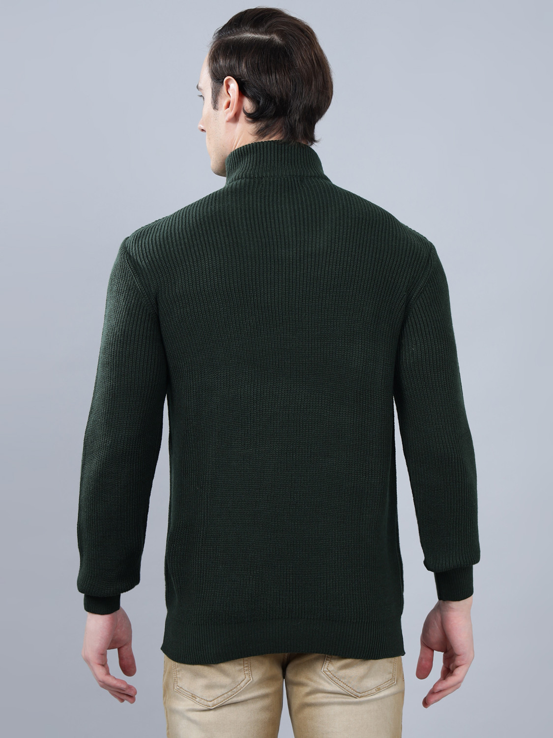 Image of CANTABIL Men Solid Mandarin Neck Dark Green Sweater