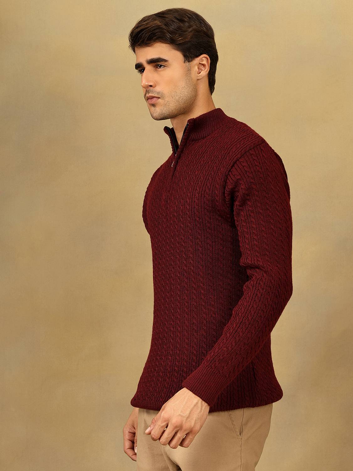 KVETOO Maroon Mandarin Neck Men's Sweater - Image 3