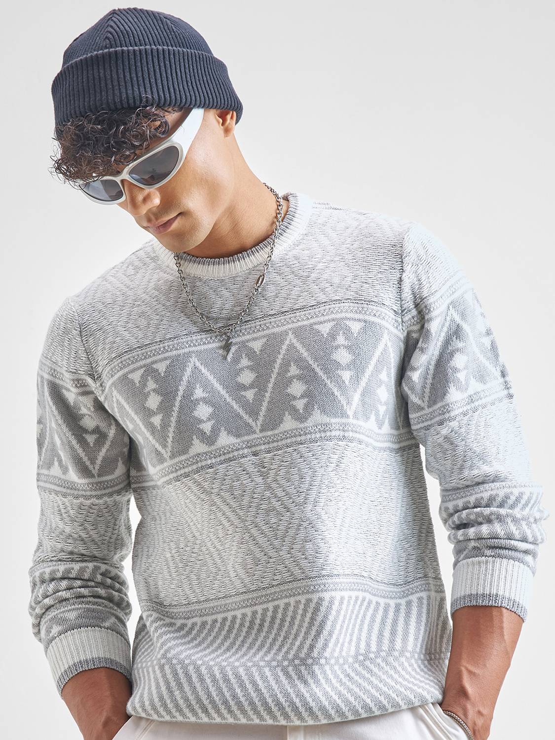 HIGHLANDER Men White Round Neck Casual Sweater - Image 1