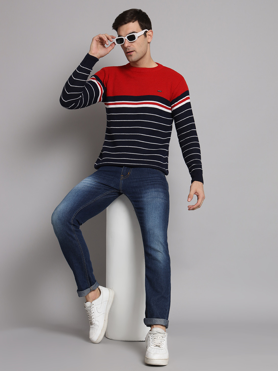Image of eWools Striped Round Neck Casual Men Red Sweater