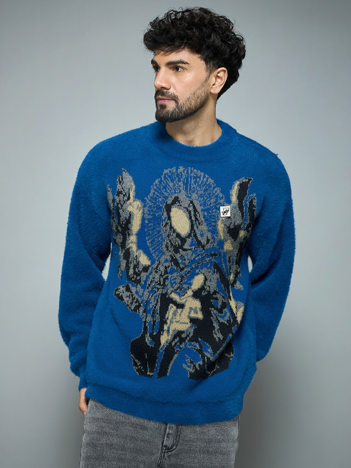 Image of FUGAZEE Graphic Print Round Neck Casual Men Blue Sweater