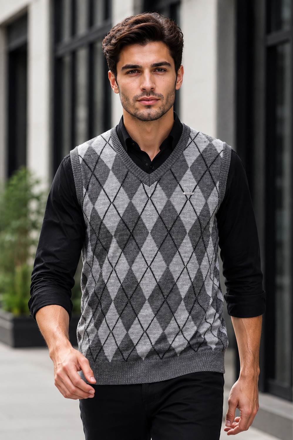 Image of GODFREY Men Checkered V Neck Grey Sweater
