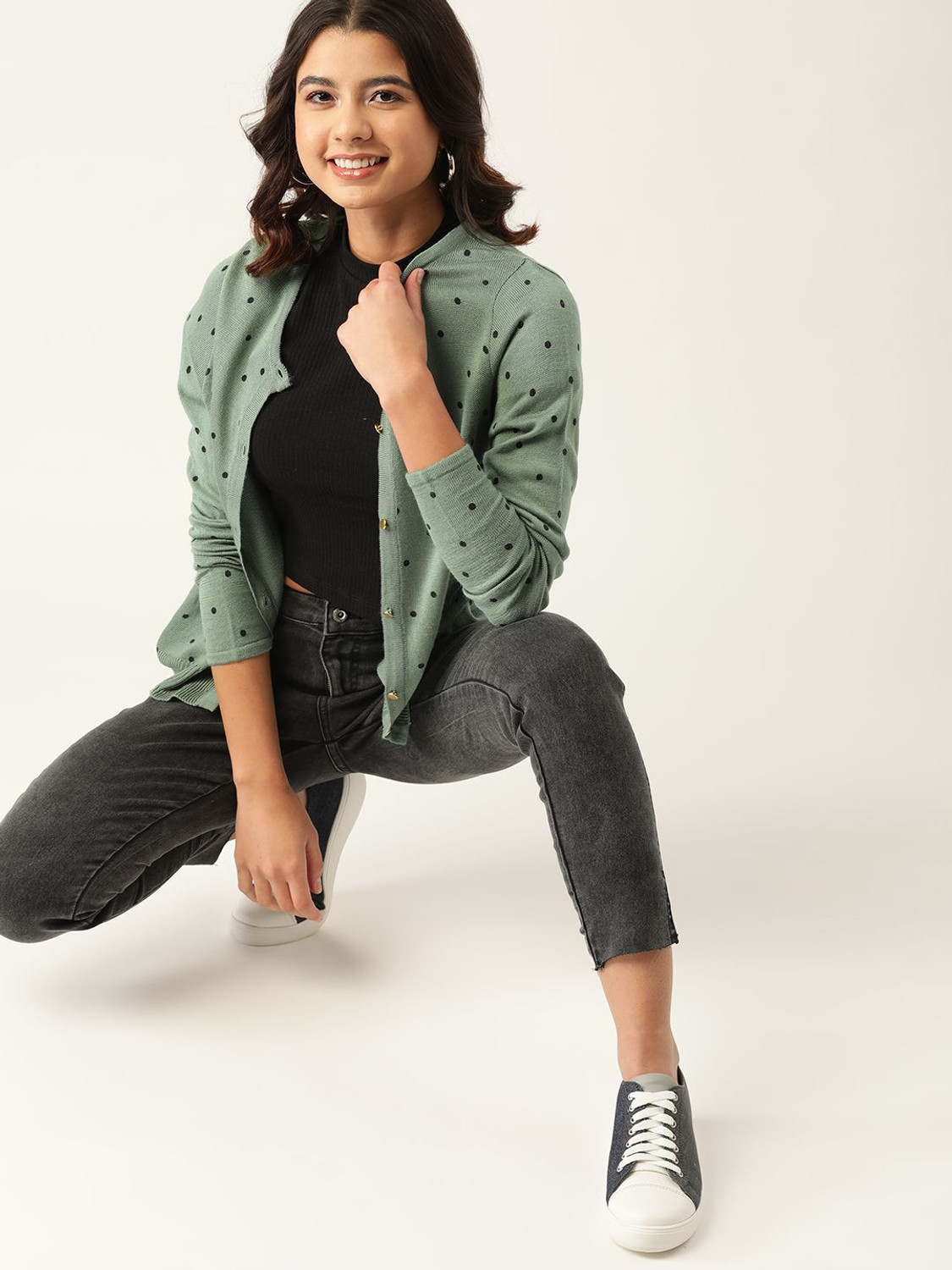 Image of Dressberry Printed Round Neck Casual Women Green Sweater