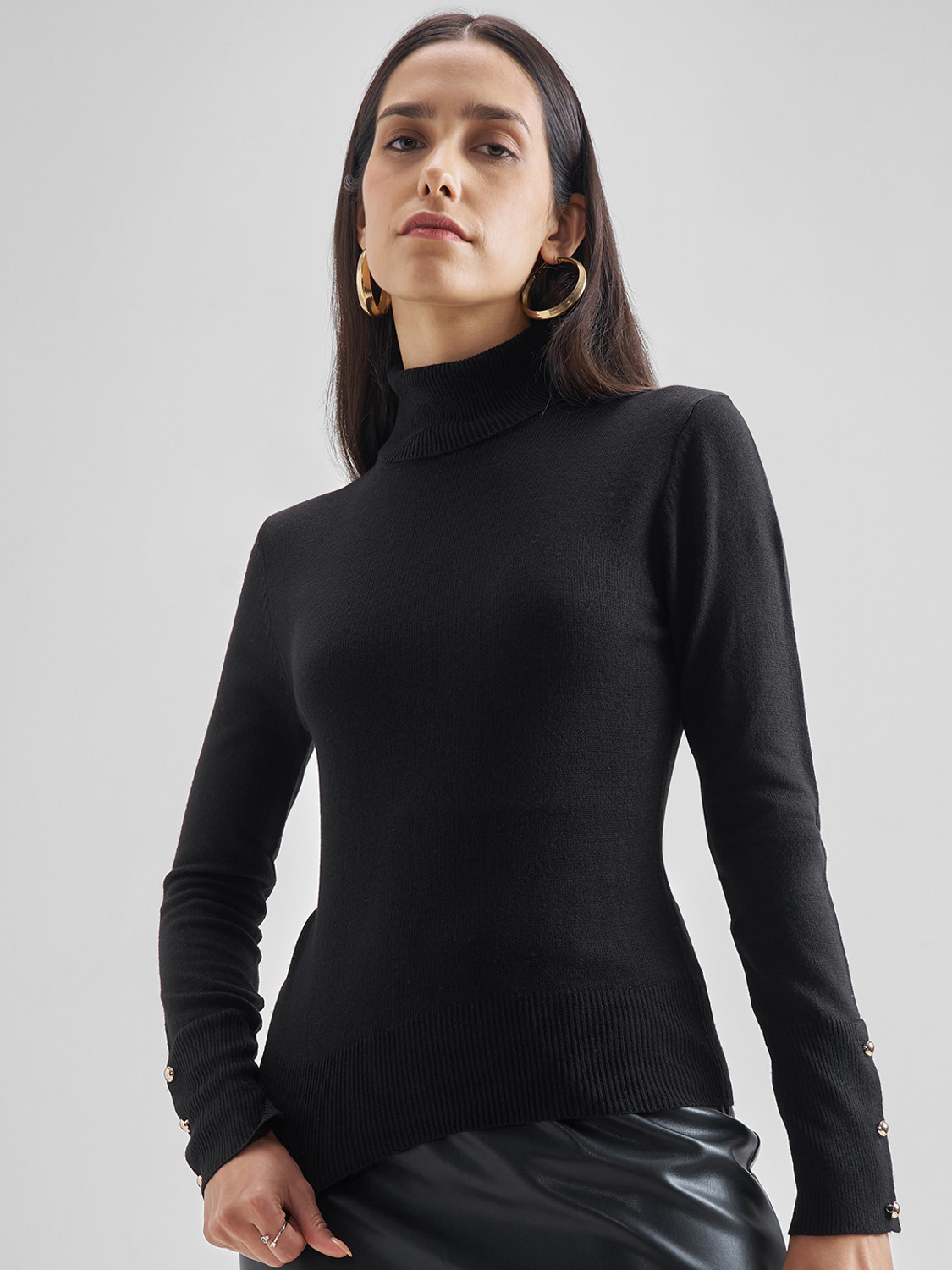Image of Tokyo Talkies Solid High Neck Casual Women Black Sweater