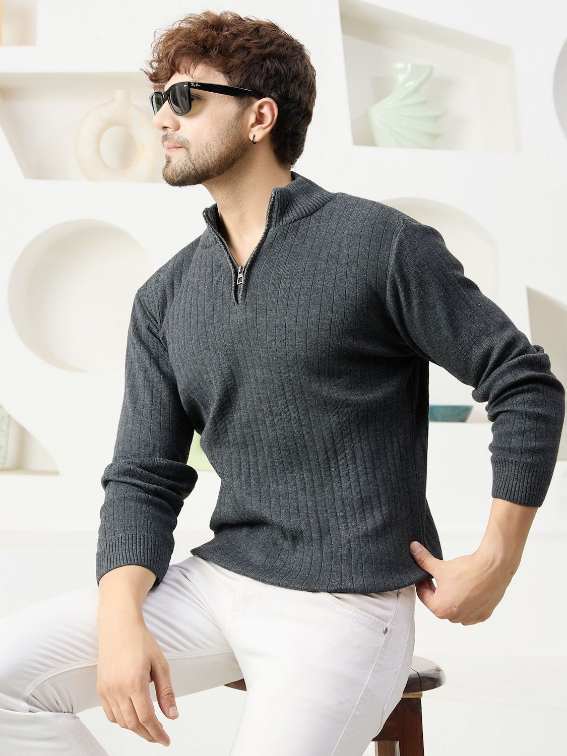 Image of KaramKar Self Design High Neck Casual Men Grey Sweater