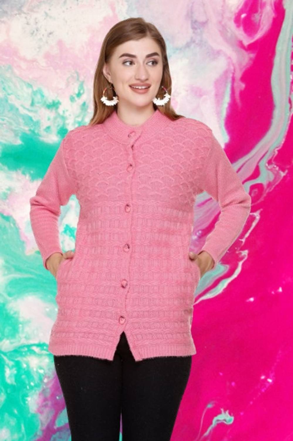 Biwu Solid Round Neck Casual Women Pink Sweater
