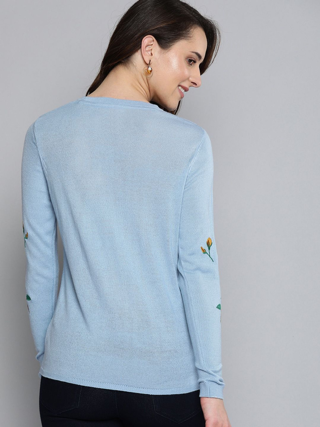 Image of Mast & Harbour Embroidered Round Neck Casual Women Blue Sweater