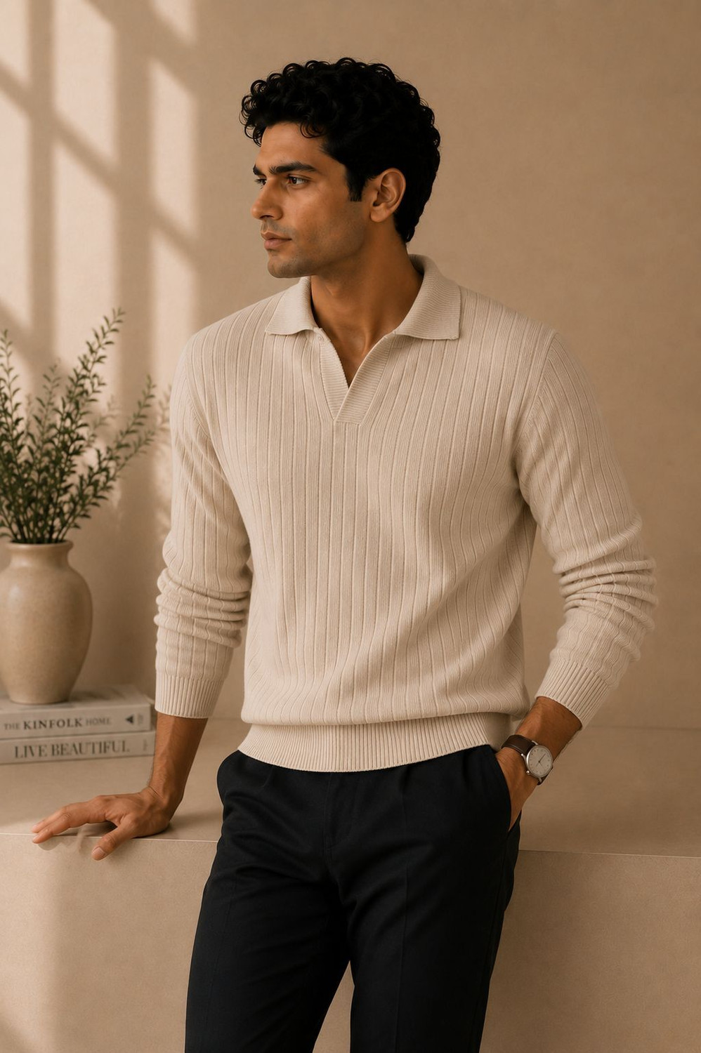 Image of KaramKar Self Design Collared Neck Casual Men Beige Sweater