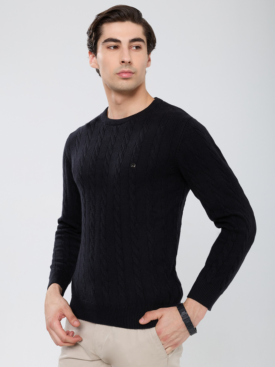 Image of MONTE CARLO Men Solid Round Neck Black Sweater