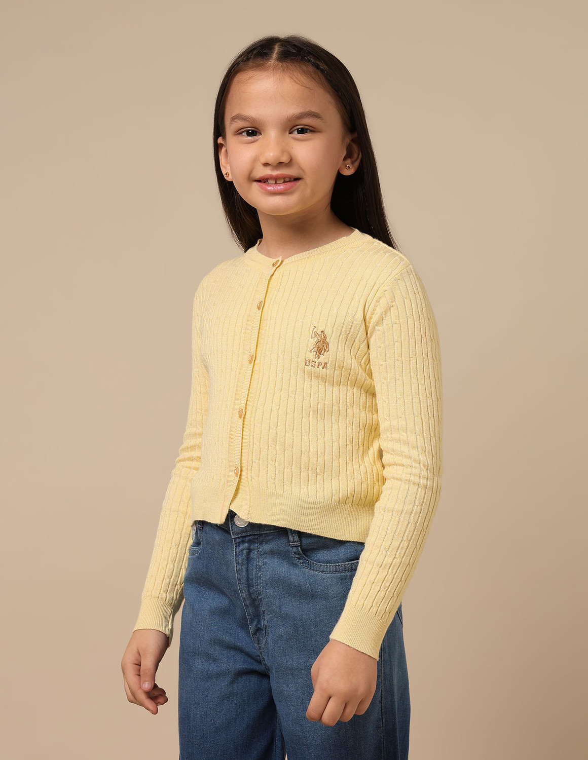 Image of U.S. POLO ASSN. Girls Self Design Crew Neck Yellow Sweater