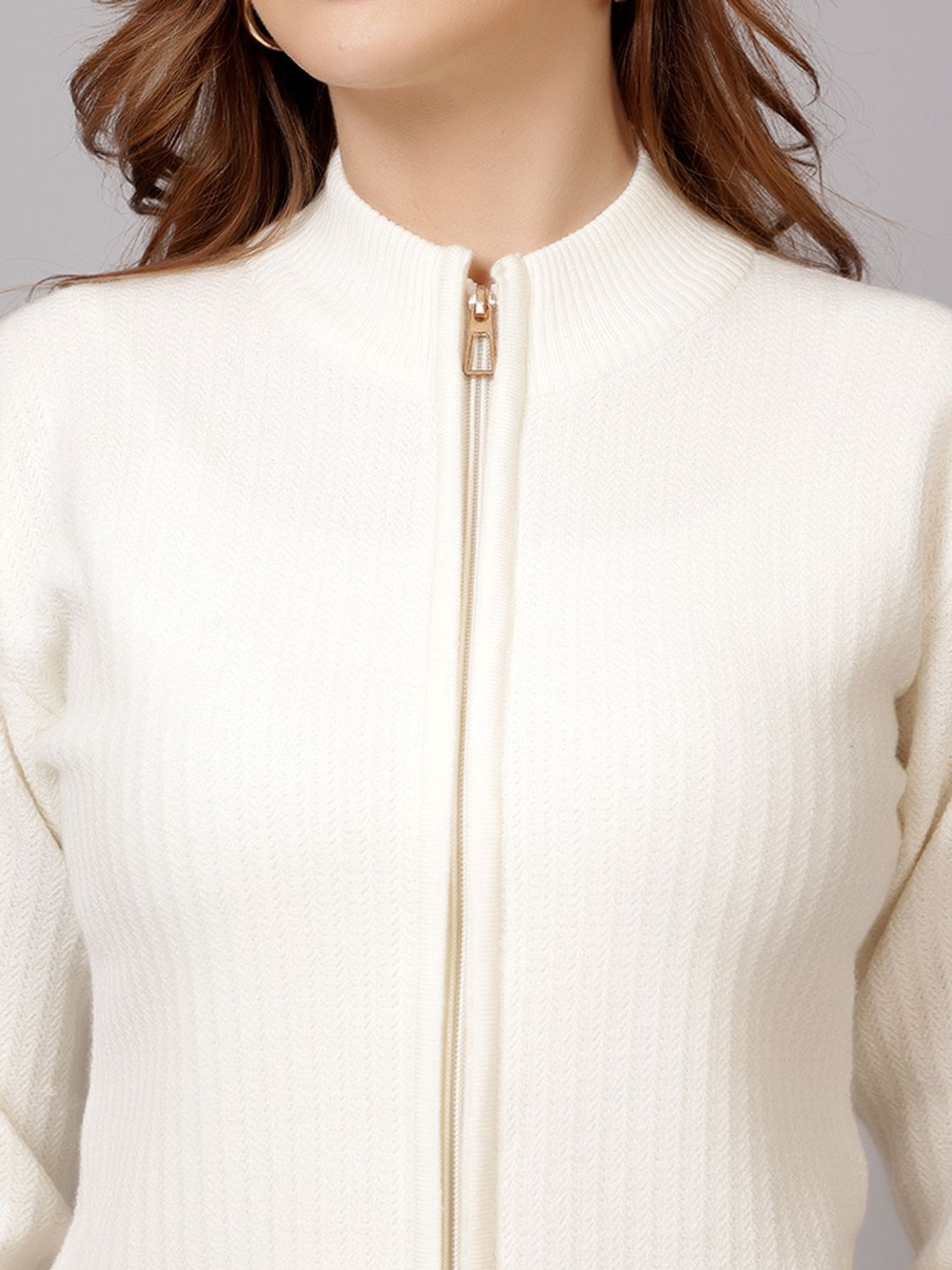 Image of FEVERFEW Self Design High Neck Casual Women White Sweater