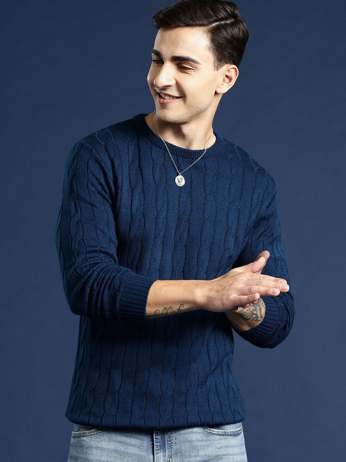 Image of Mast & Harbour Self Design Round Neck Casual Men Dark Blue Sweater