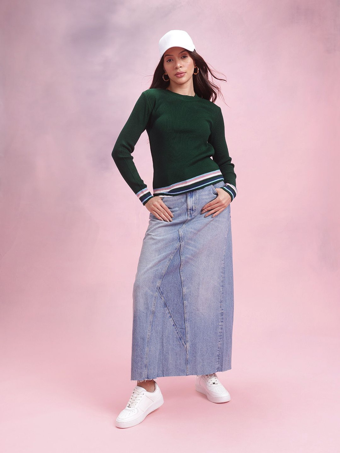 Image of Dressberry Polka Print Round Neck Casual Women Green Sweater
