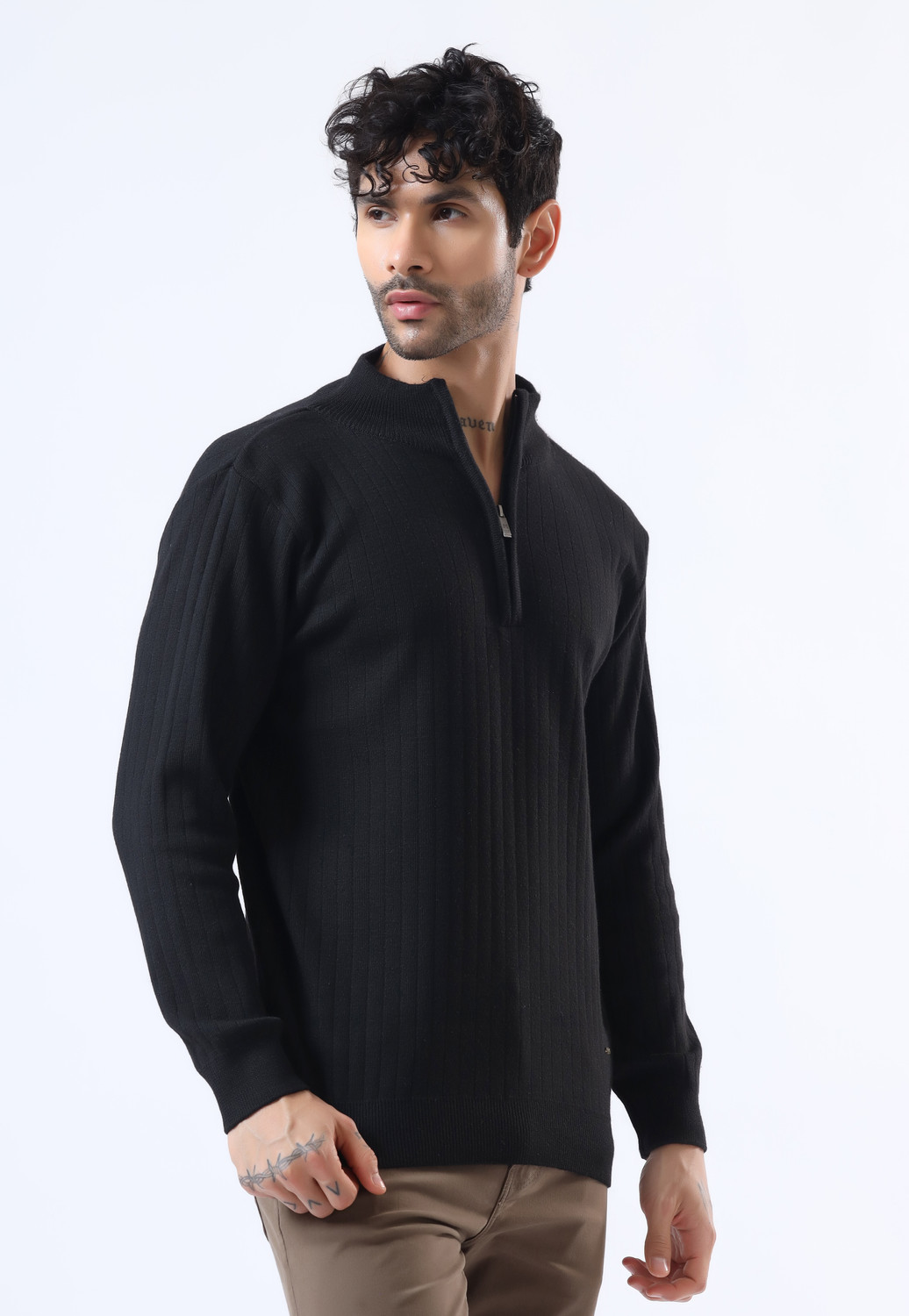 Image of WOOLBERRY Solid High Neck Casual Men Black Sweater