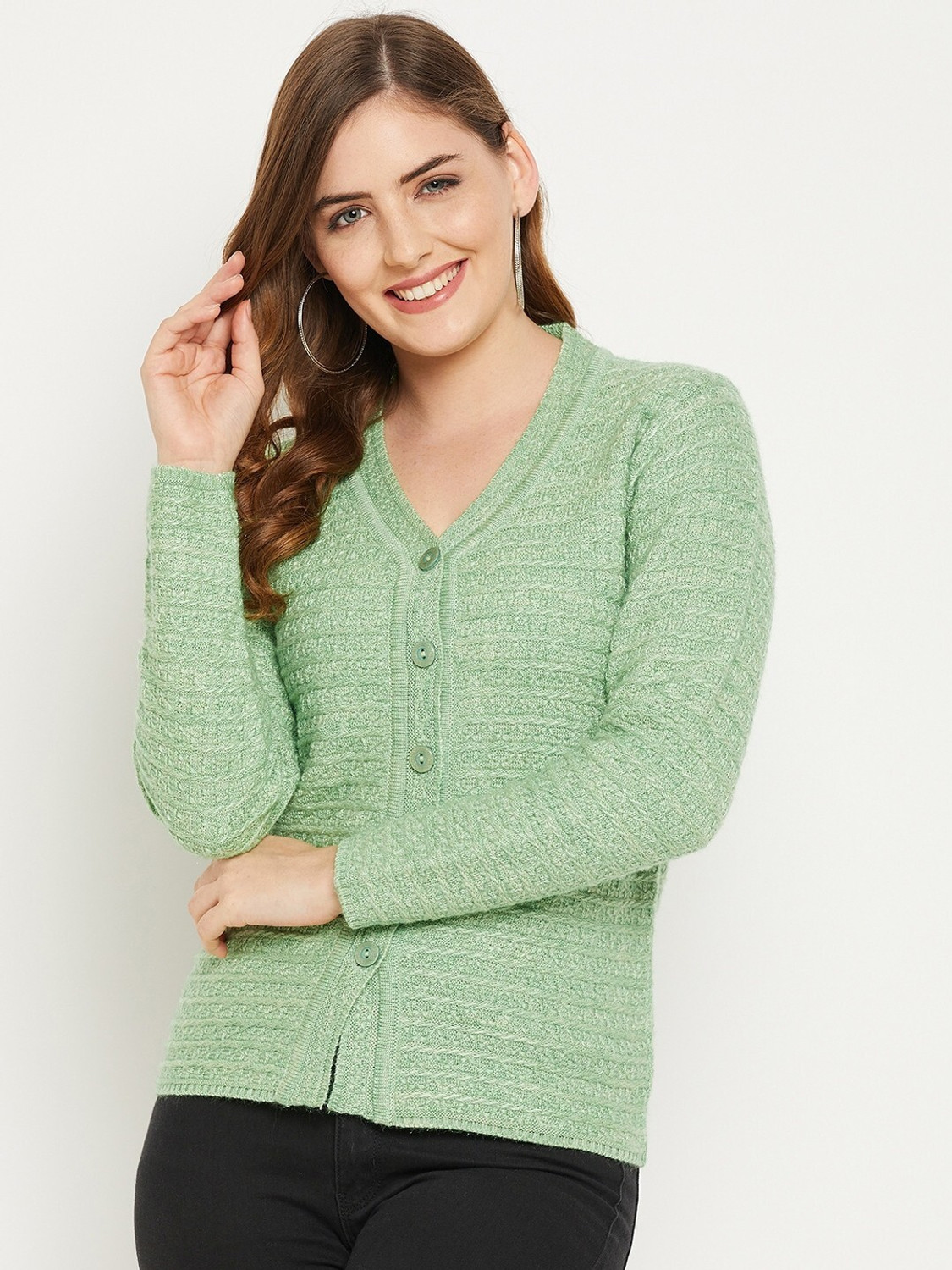 Image of Zigo Self Design V Neck Casual Women Green Sweater