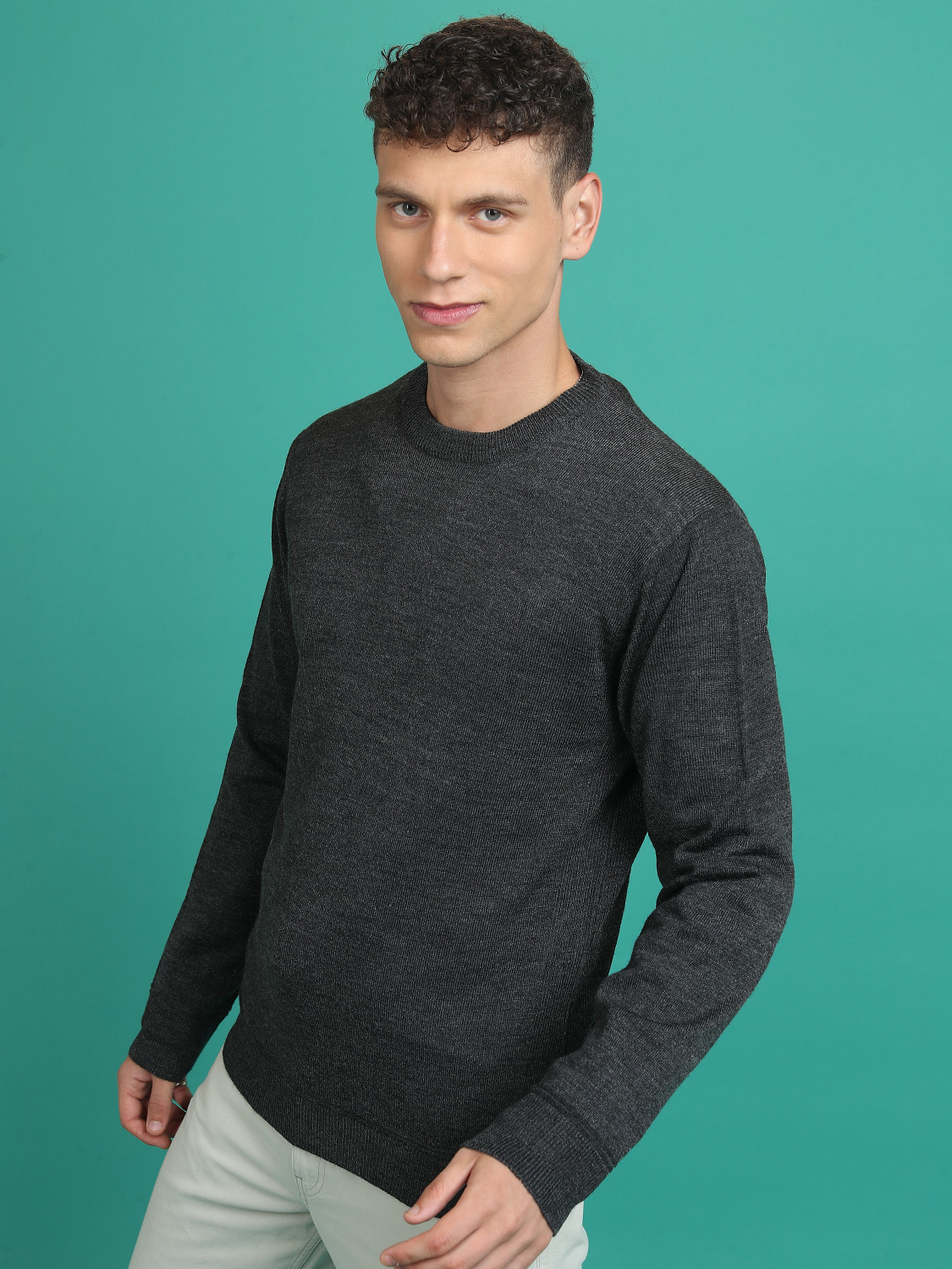 Image of HIGHLANDER Solid Round Neck Casual Men Grey Sweater