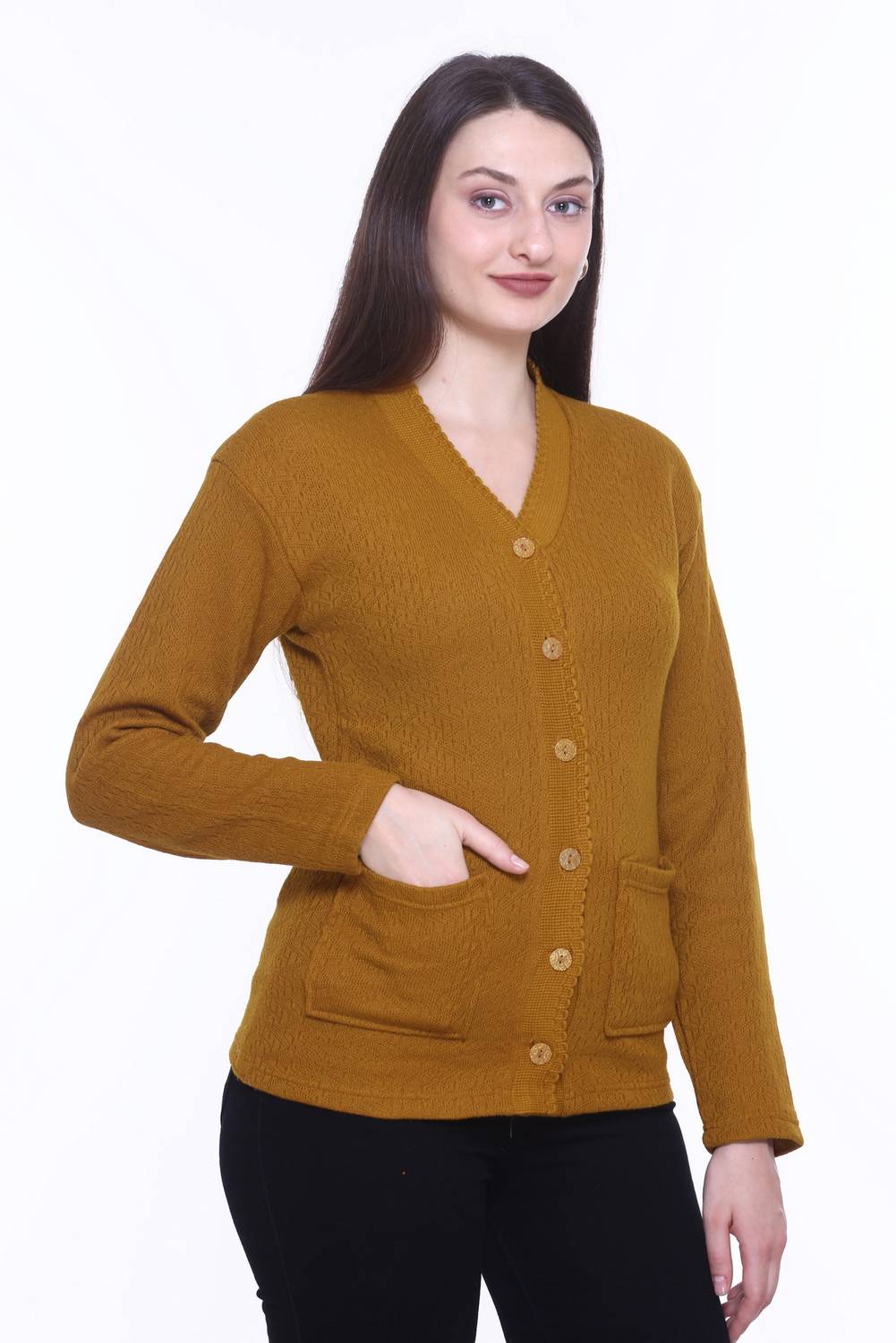 Basis Solid V Neck Casual Women Brown Sweater