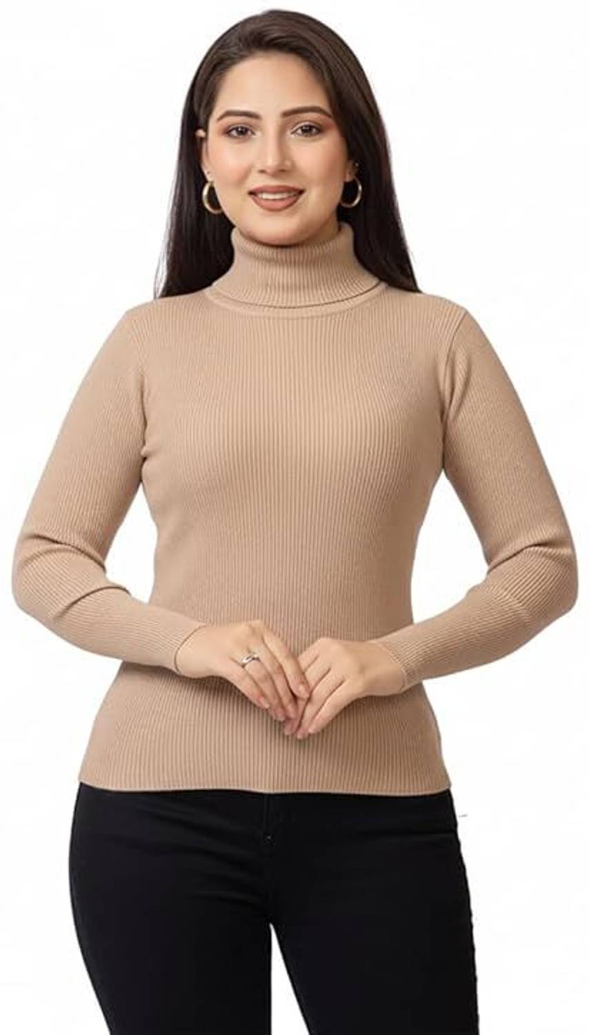 ADELWEAR Solid Turtle Neck Casual Women Brown Sweater