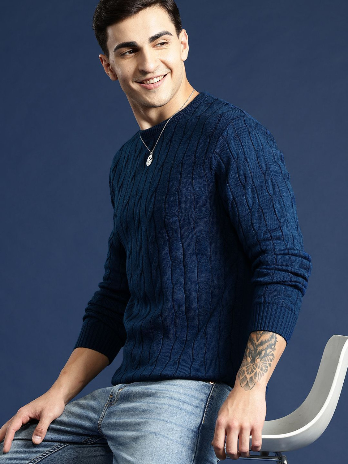 Image of Mast & Harbour Self Design Round Neck Casual Men Dark Blue Sweater