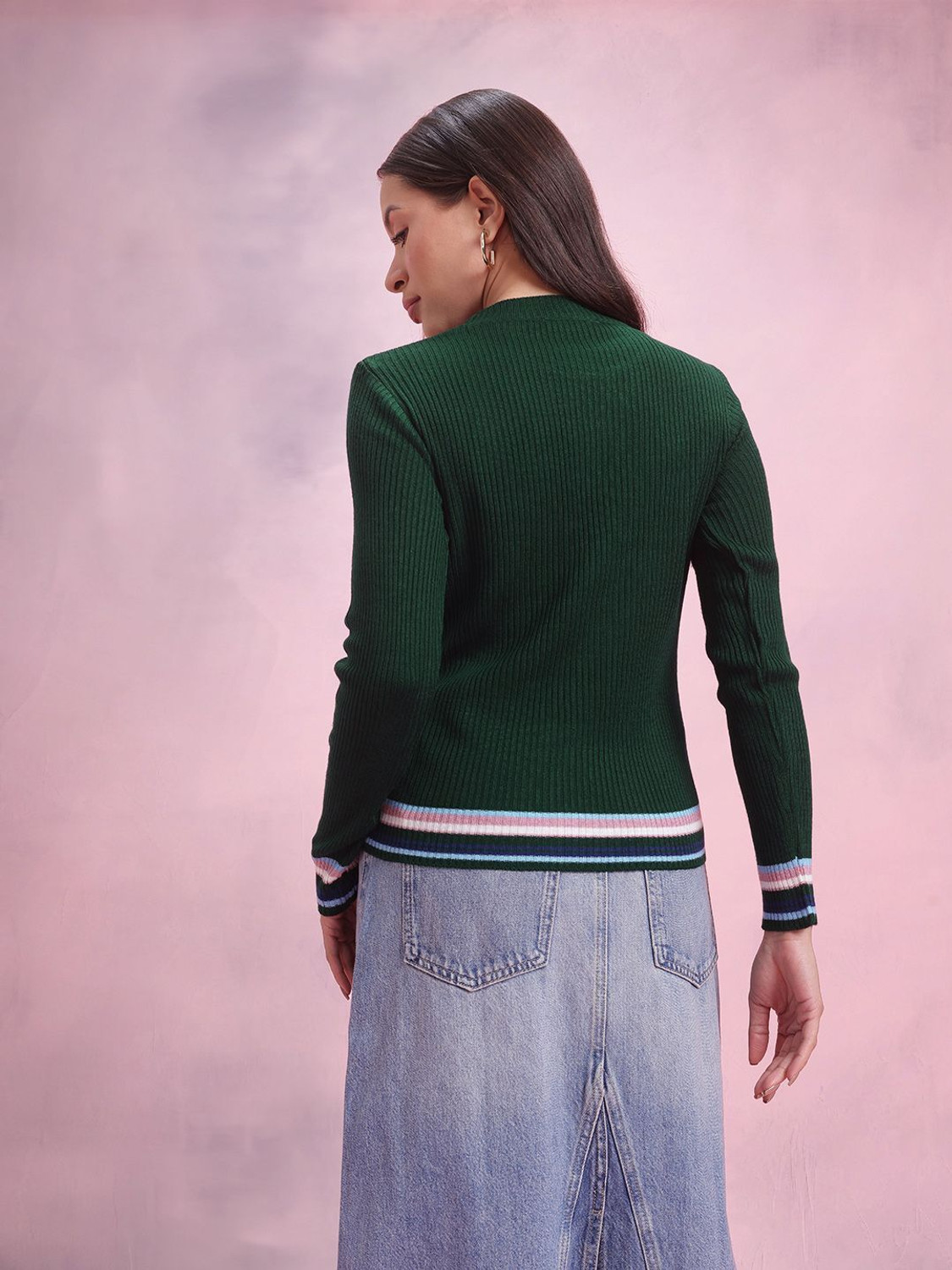Image of Dressberry Polka Print Round Neck Casual Women Green Sweater