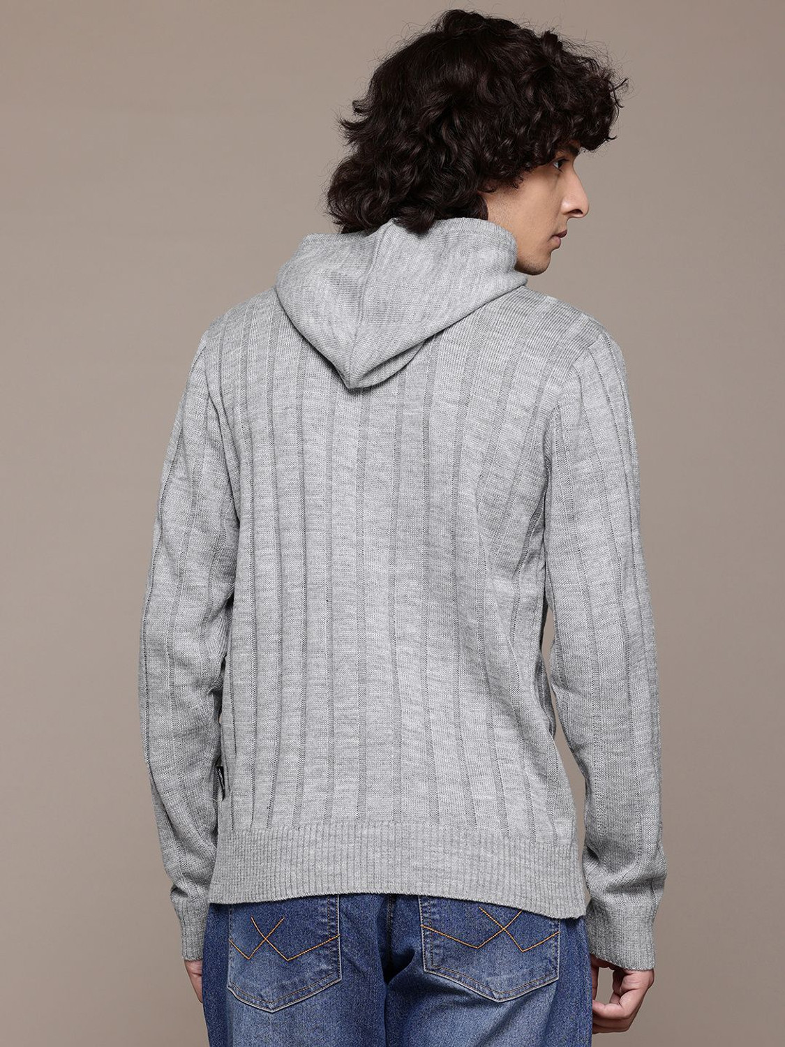 Image of Roadster Men Striped Hooded Neck Grey Sweater