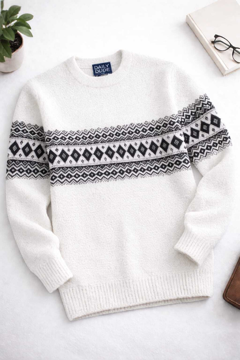 Image of COTFYNE Printed Round Neck Casual Men White Sweater