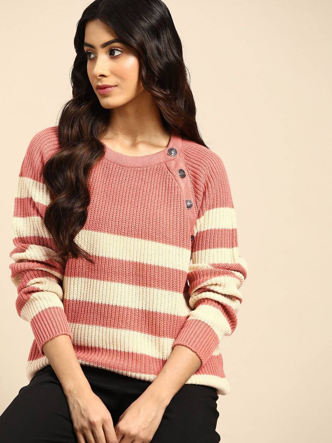 all about you Striped Round Neck Casual Women Pink Sweater