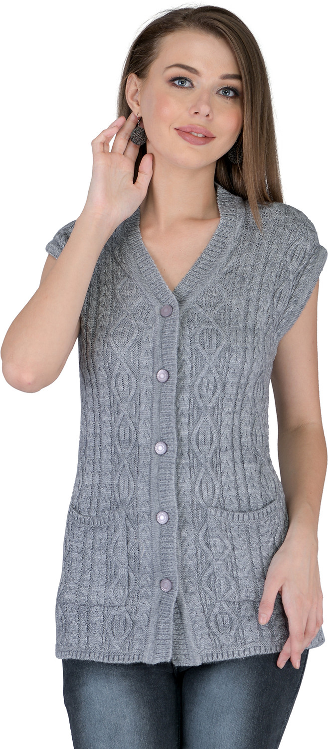 Image of lady willington Women Self Design V Neck Grey Sweater