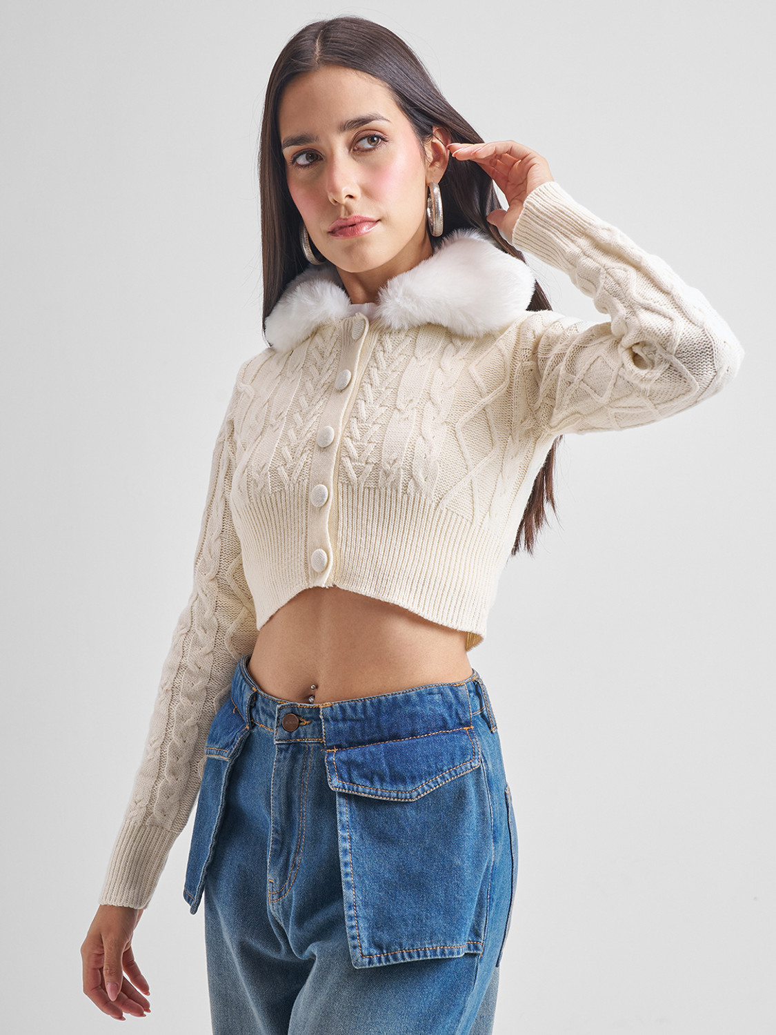 Image of Tokyo Talkies Solid Collared Neck Casual Women White Sweater