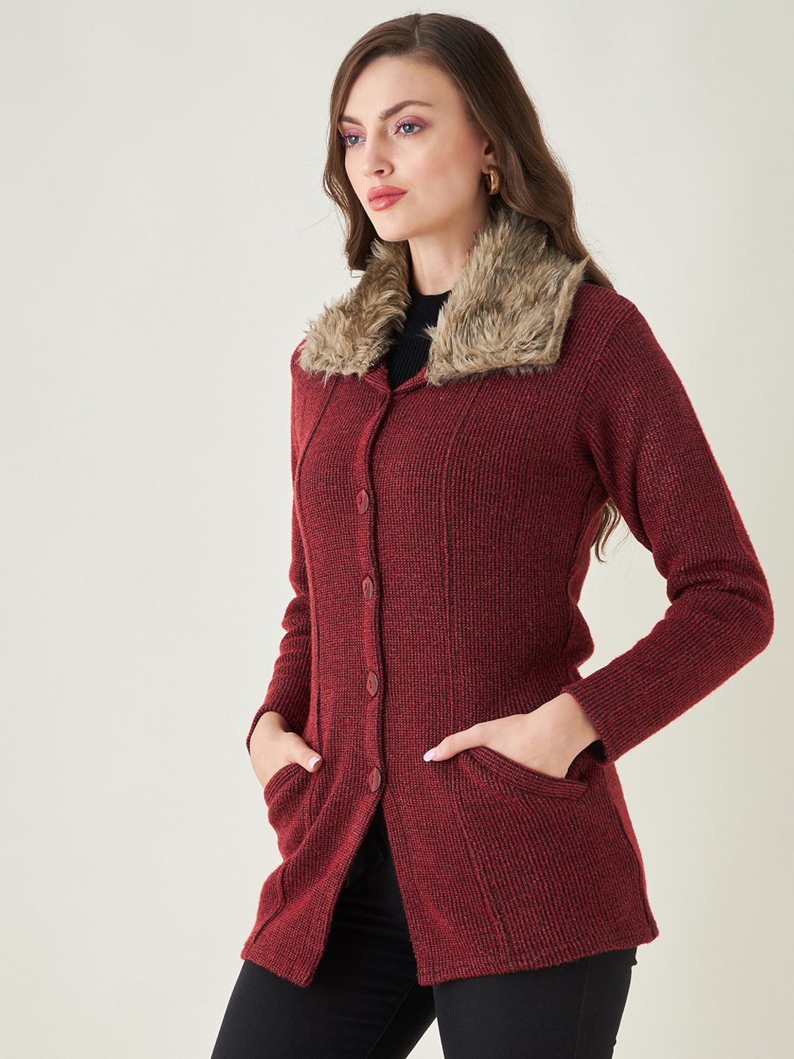 Image of Pivl Self Design Collared Neck Casual Women Maroon Sweater
