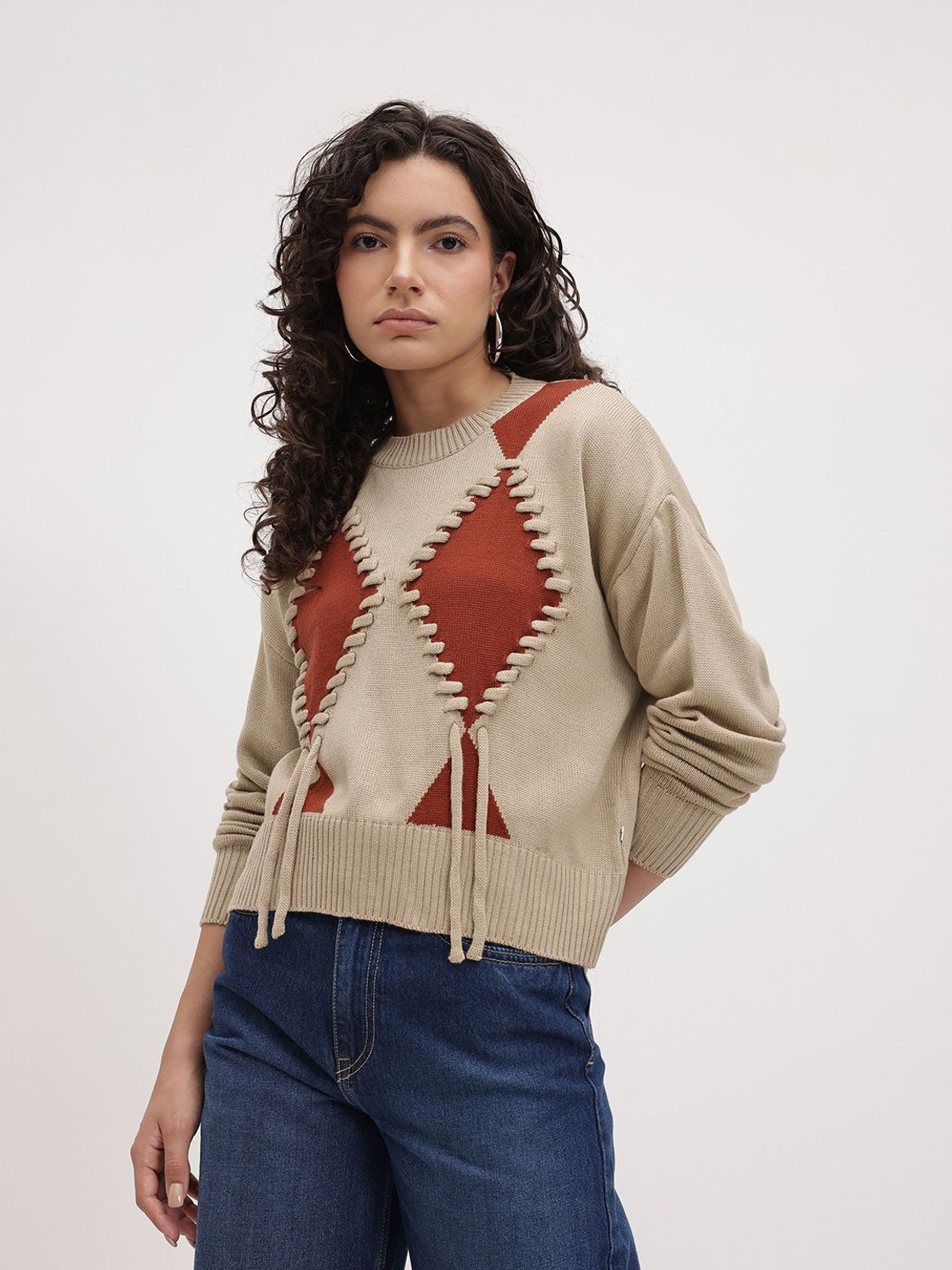 Image of Roadster Self Design Round Neck Casual Women Beige Sweater