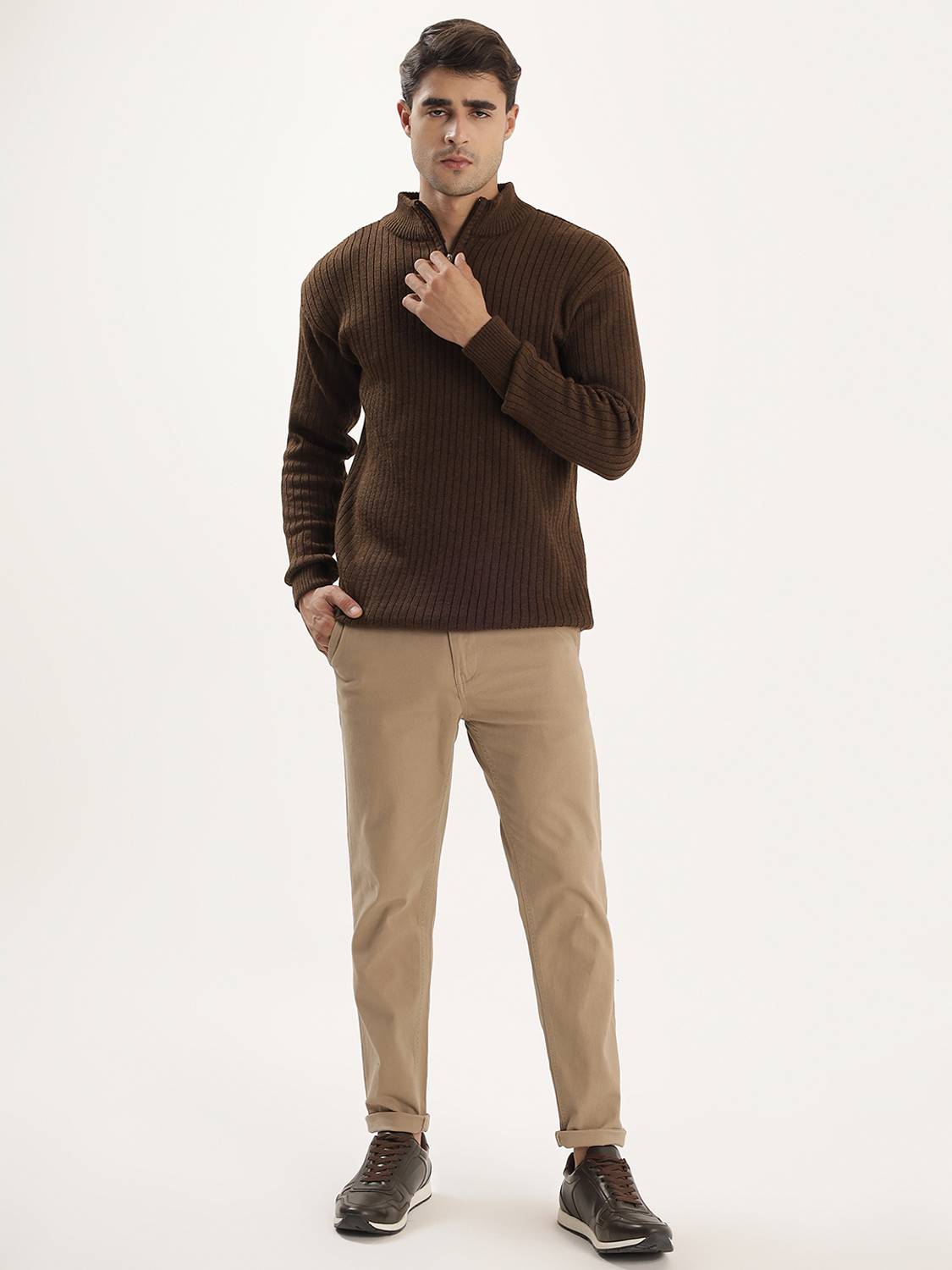 kveto Men Brown High Neck Casual Sweater - Image 4